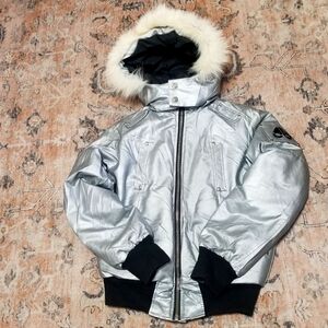 Authentic Moose Knuckles Bomber Jacket Coat Silver Fox Fur Trim. Size: Small.